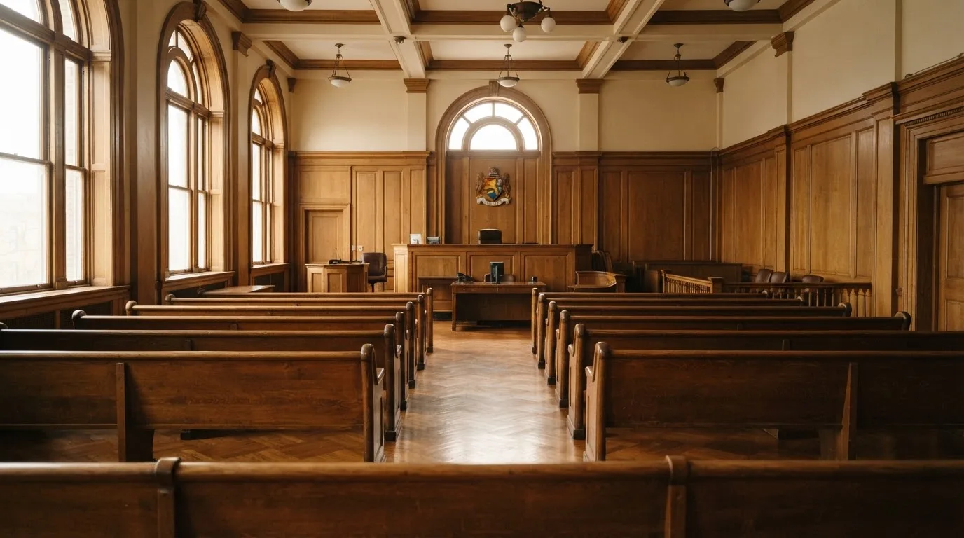 Een lege rechtszaal met houten banken in het ochtendlicht