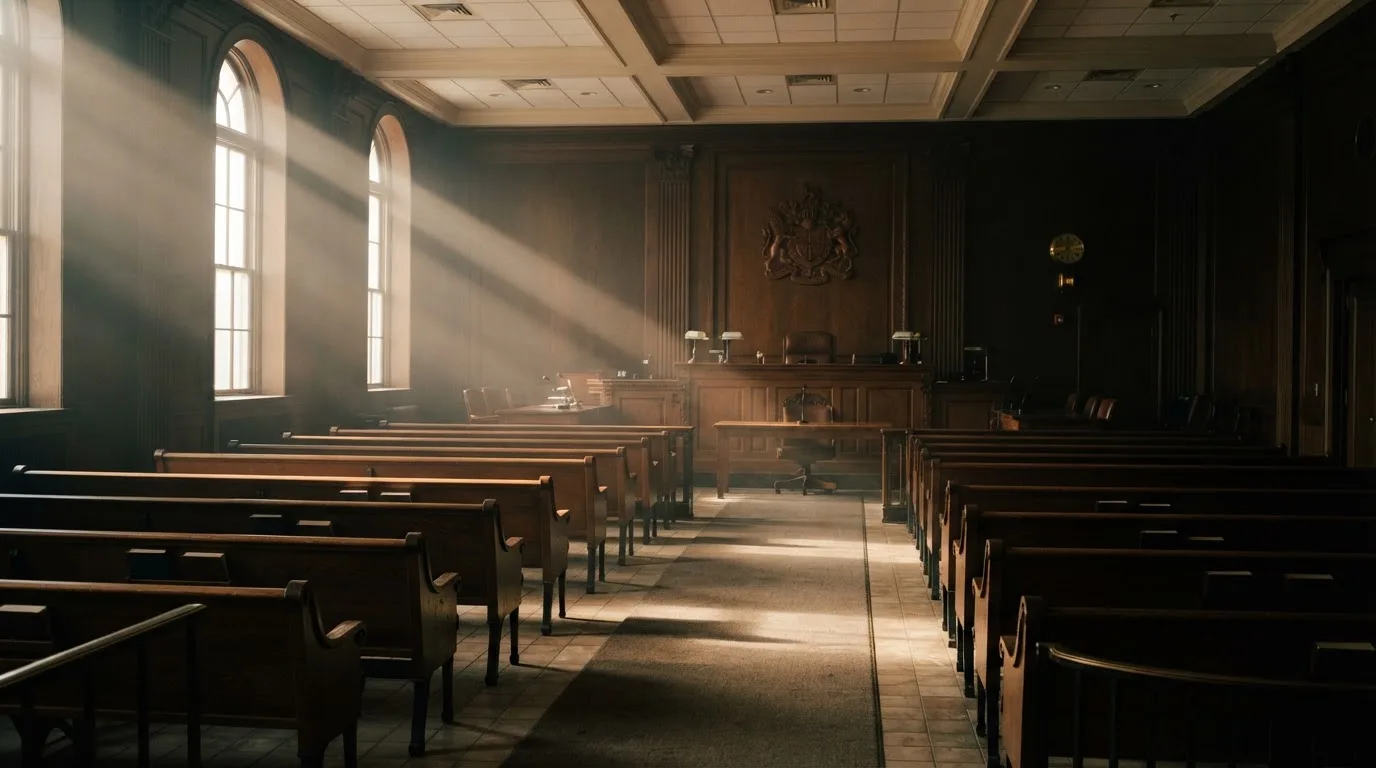 Een lege rechtszaal met houten banken in het ochtendlicht