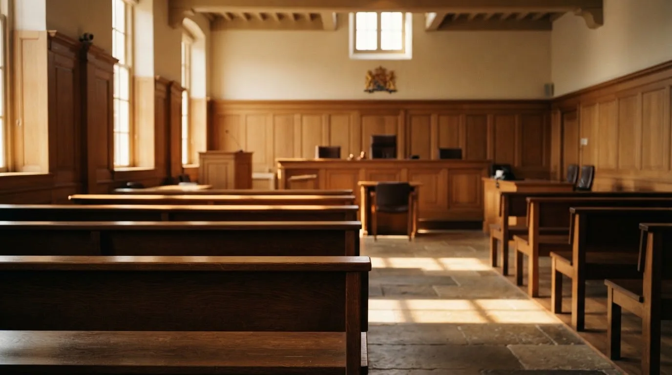 Een lege rechtszaal met houten banken in het ochtendlicht