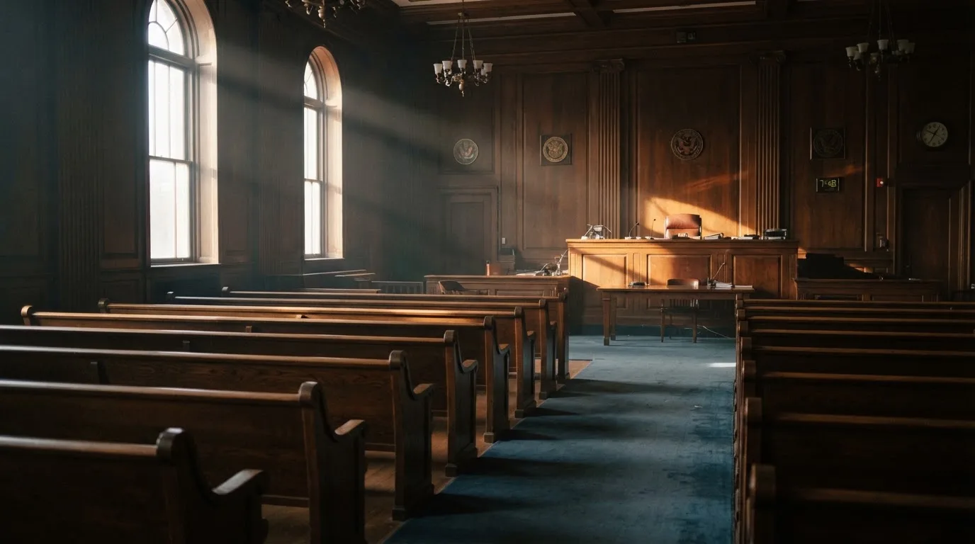 Een lege rechtszaal met houten banken in het ochtendlicht