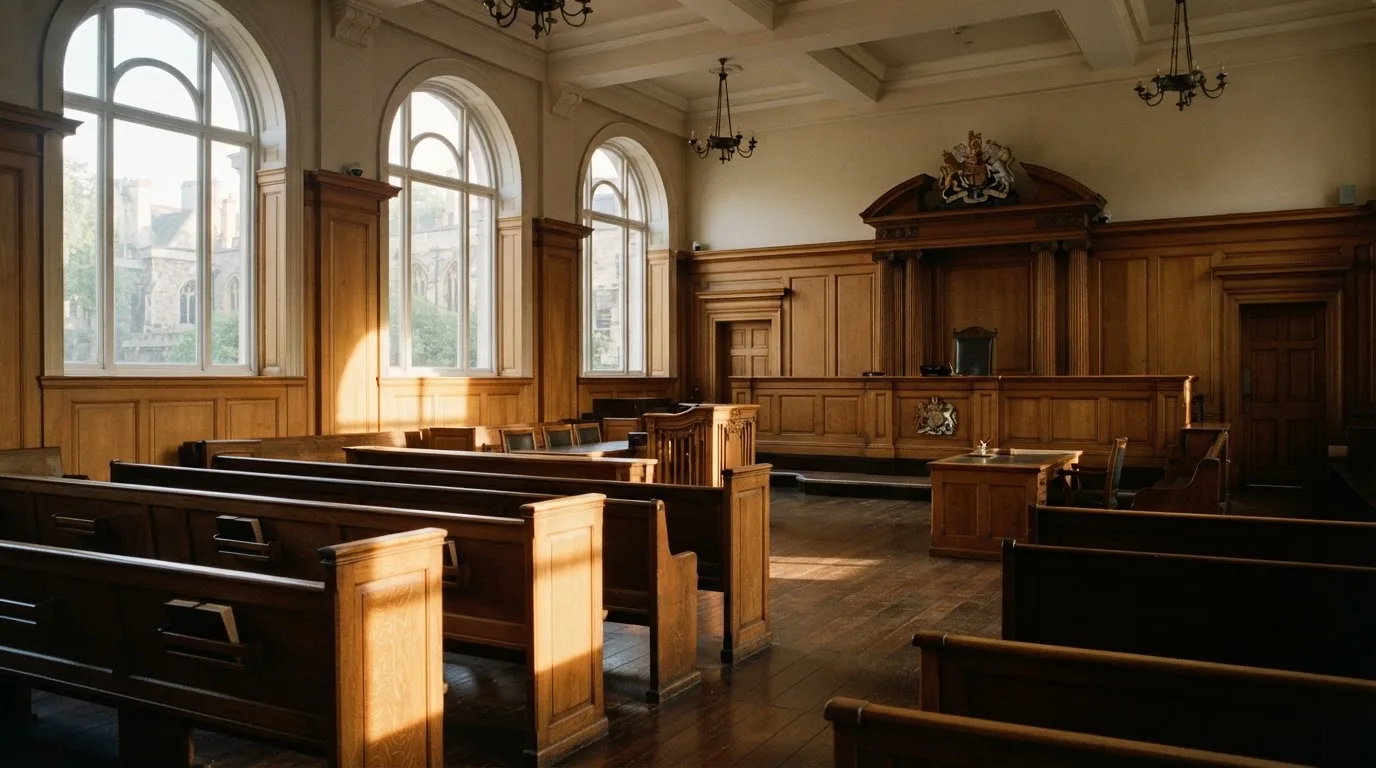 Een lege rechtszaal met houten banken in het ochtendlicht