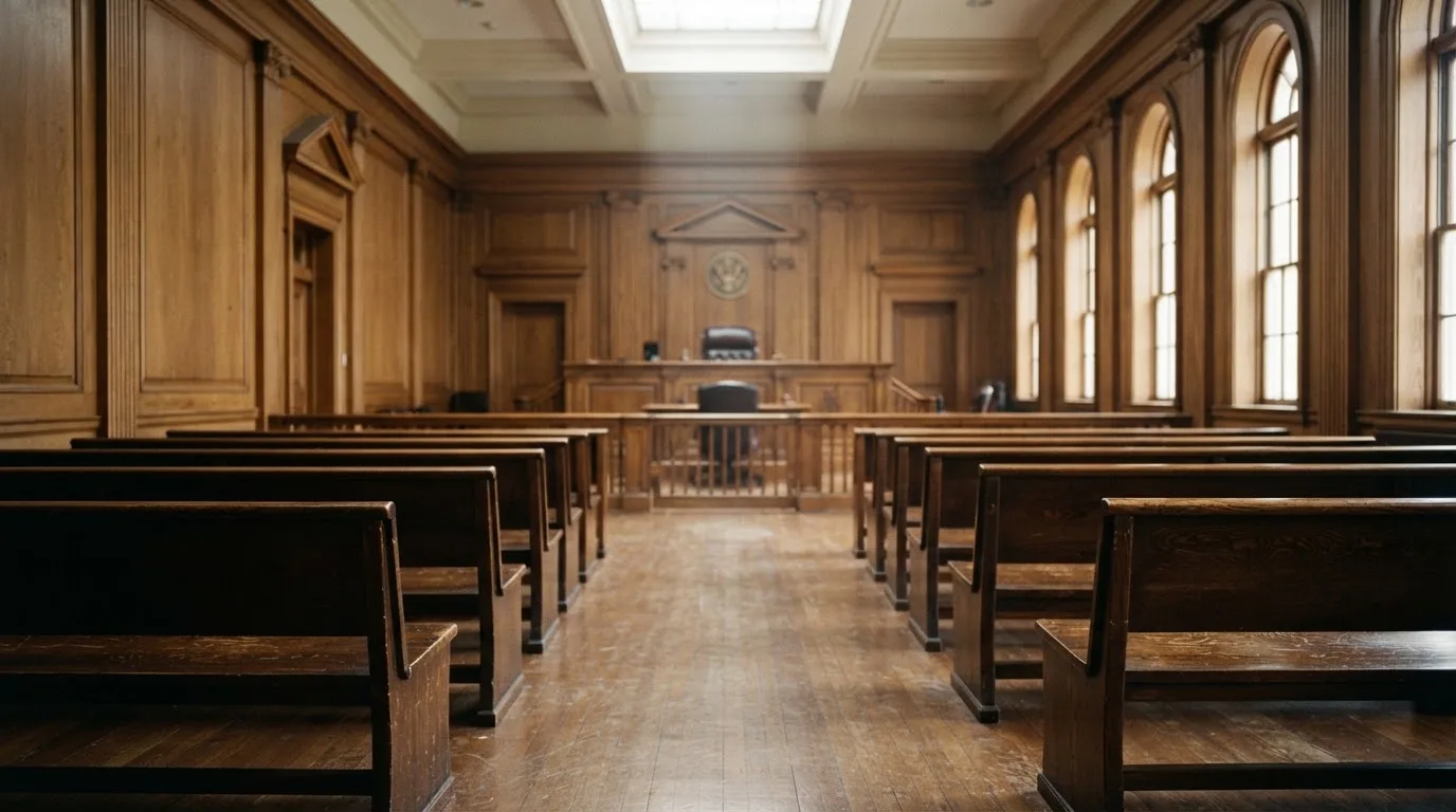 Een lege rechtszaal met houten banken in het ochtendlicht