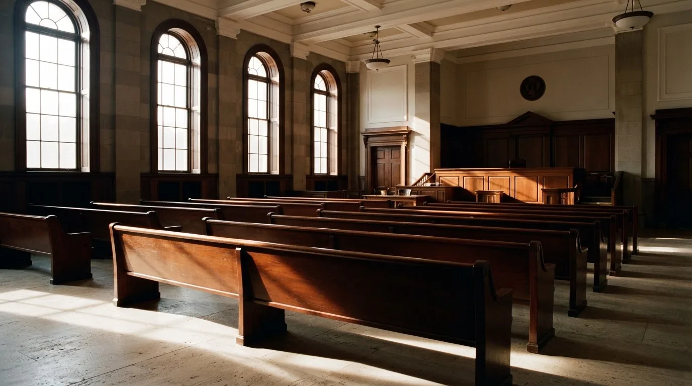 Een lege rechtszaal met houten banken in het ochtendlicht