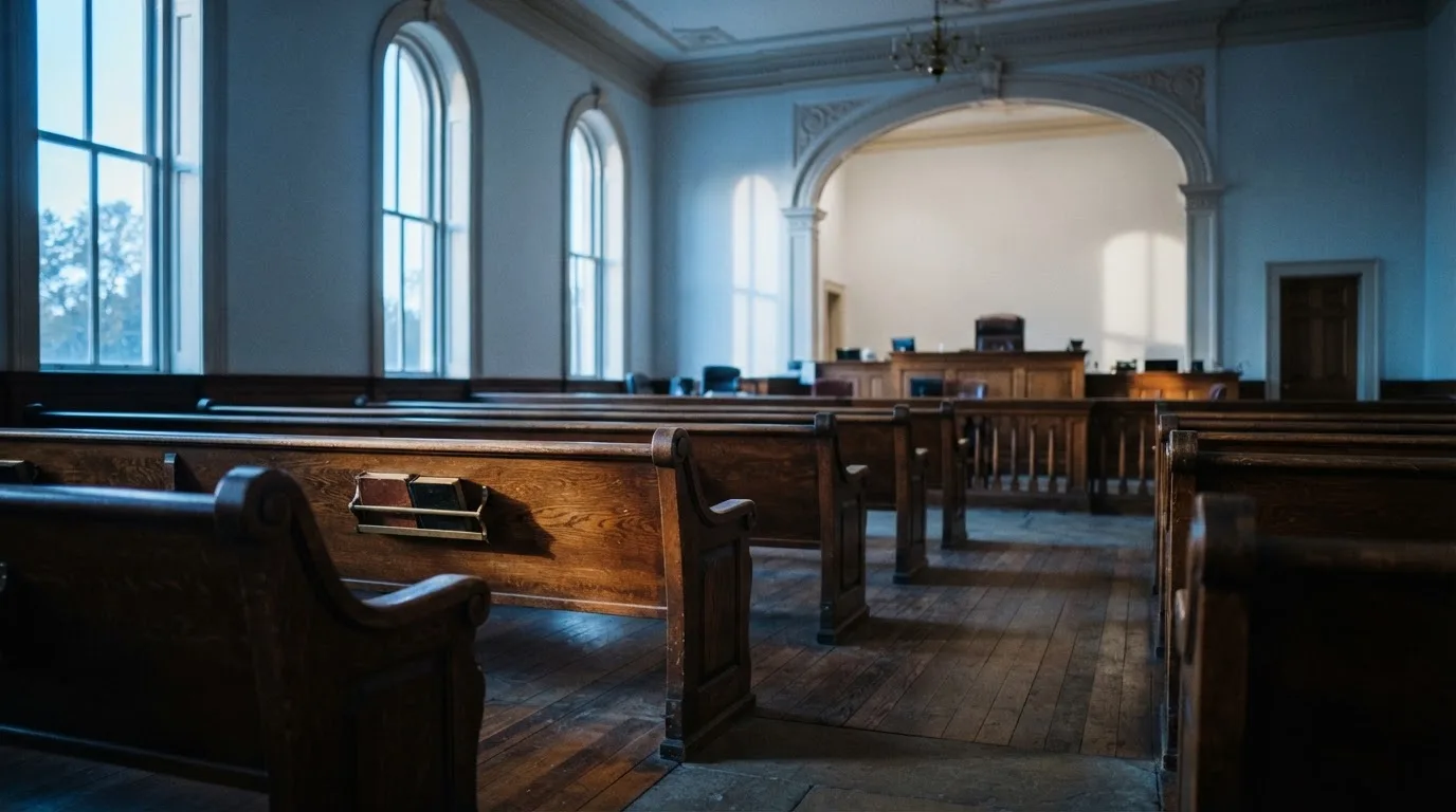 Een lege rechtszaal met houten banken in het ochtendlicht