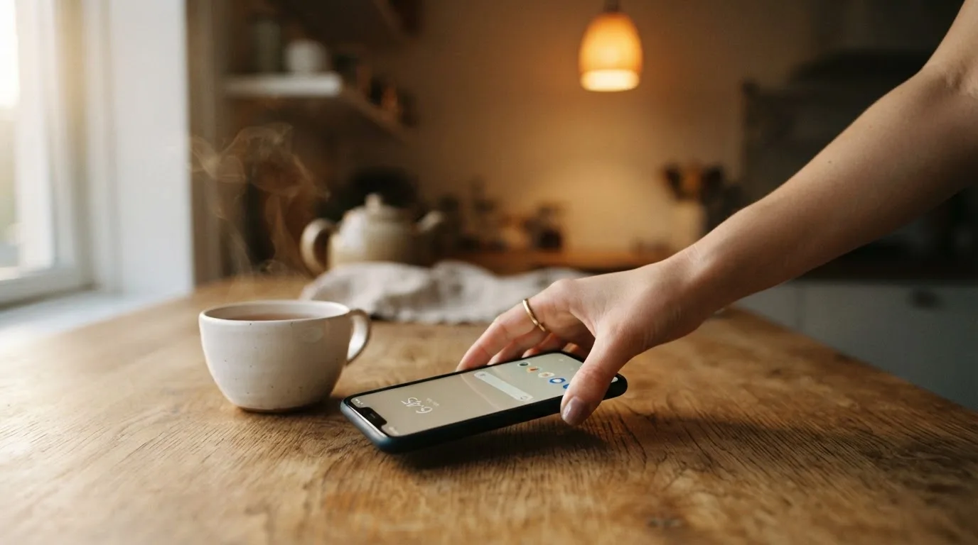 Een hand legt een smartphone naast een kopje thee op een keukentafel, een rustige avond