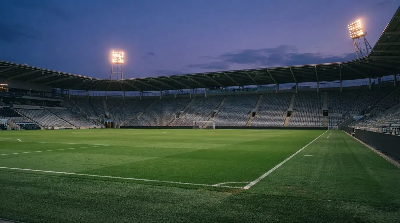 Een leeg voetbalstadion met lichtmasten bij schemering