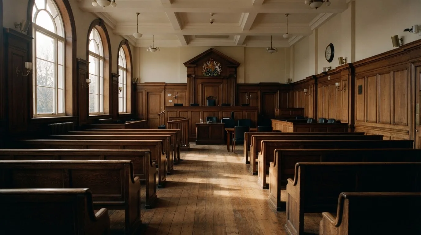 Een lege rechtszaal met houten banken in het ochtendlicht