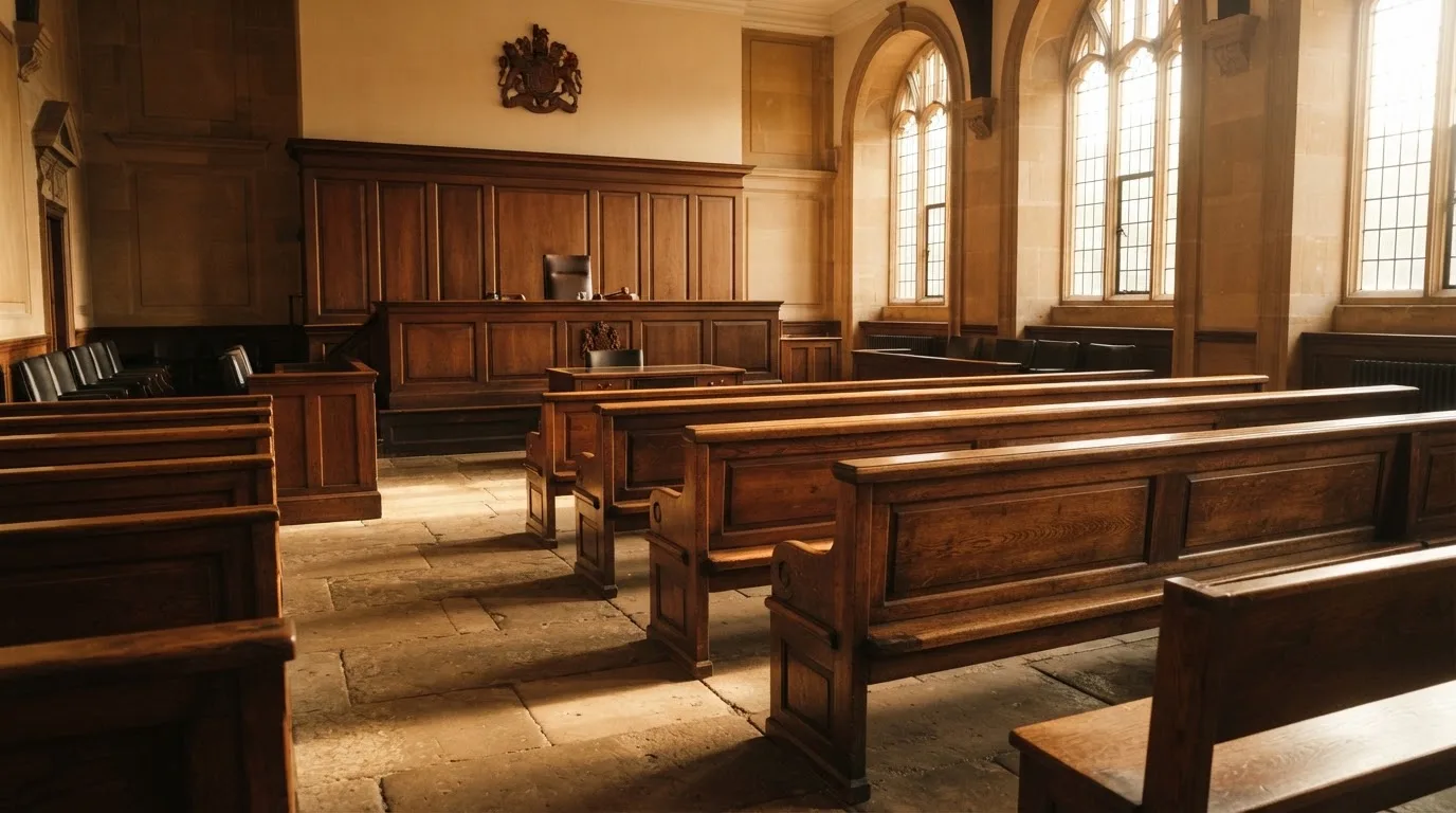 Een lege rechtszaal met houten banken in het ochtendlicht