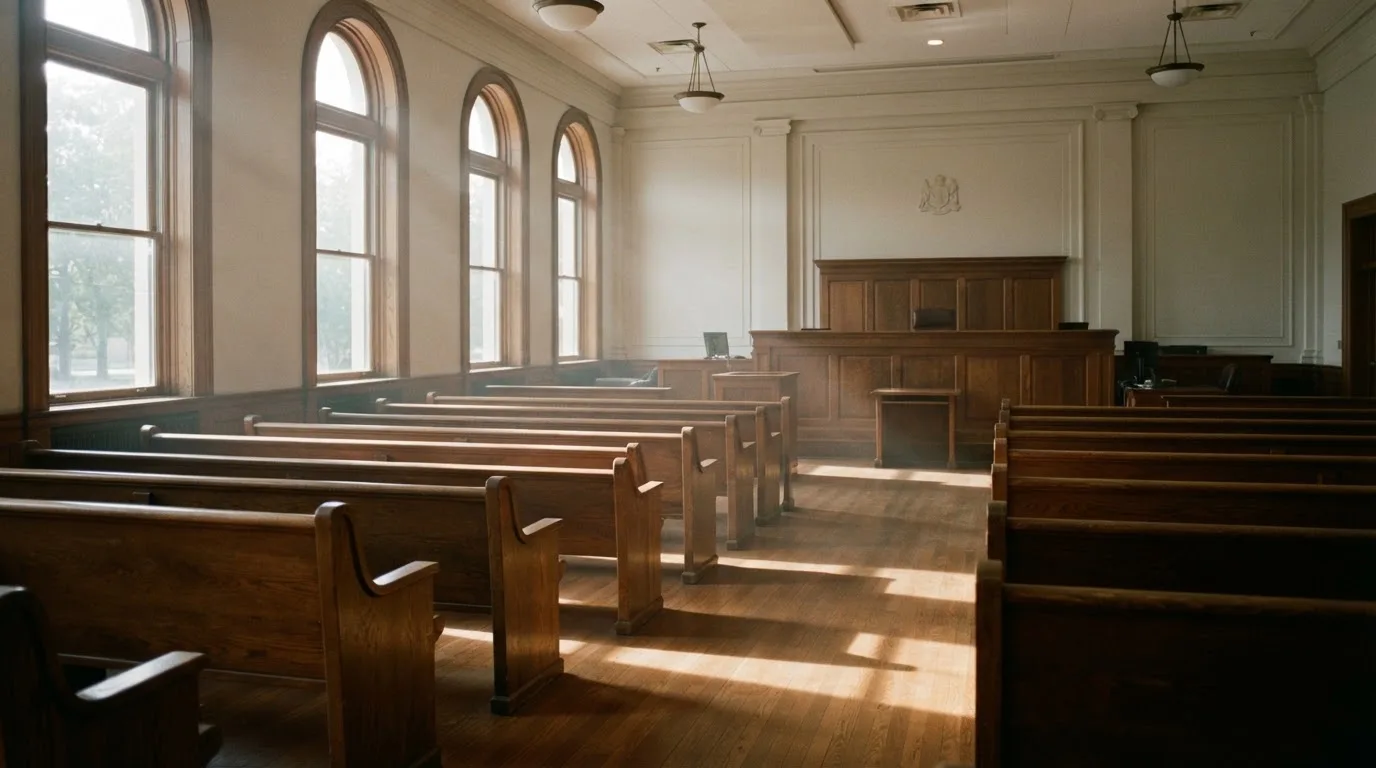 Een lege rechtszaal met houten banken in het ochtendlicht