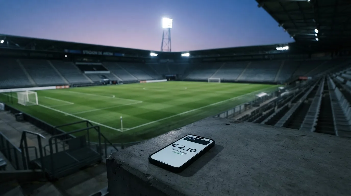 Een leeg voetbalstadion met lichtmasten bij schemering