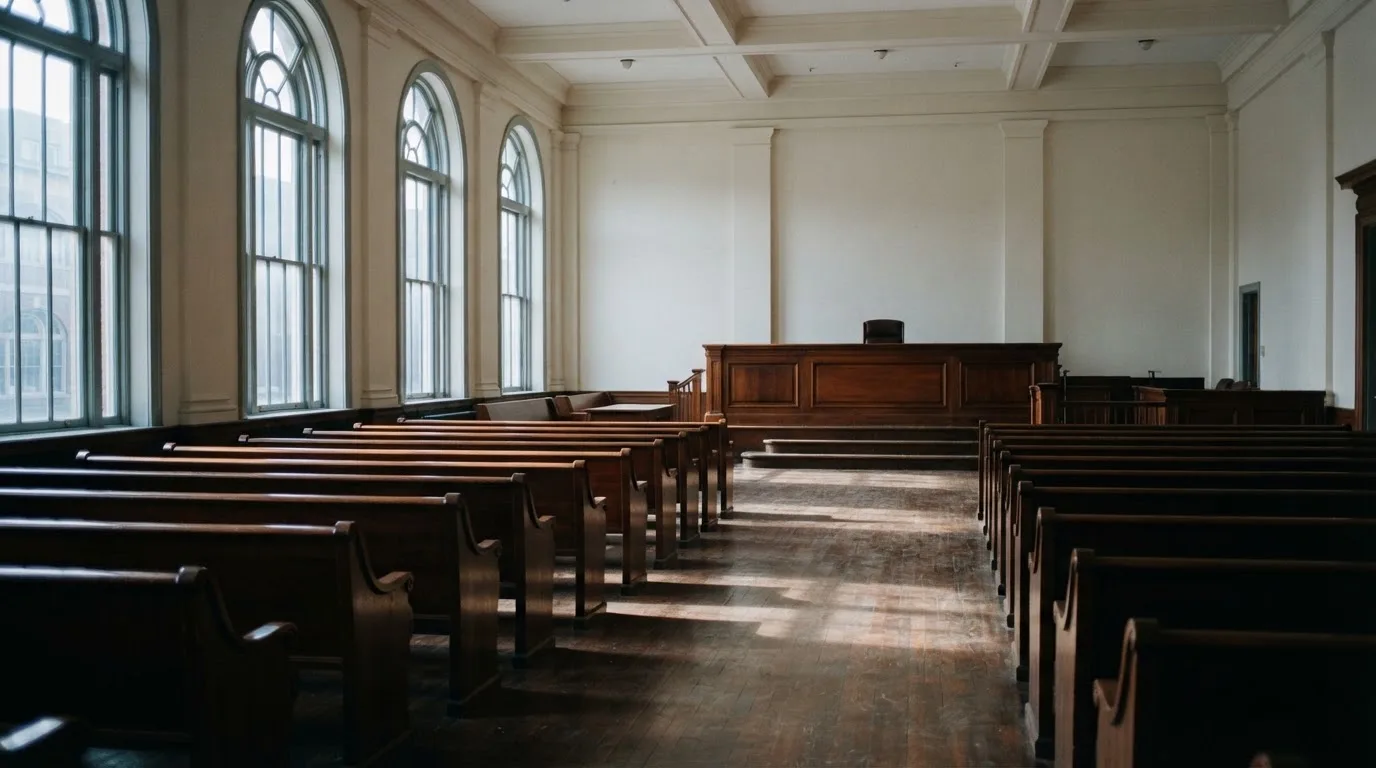 Een lege rechtszaal met houten banken in het ochtendlicht