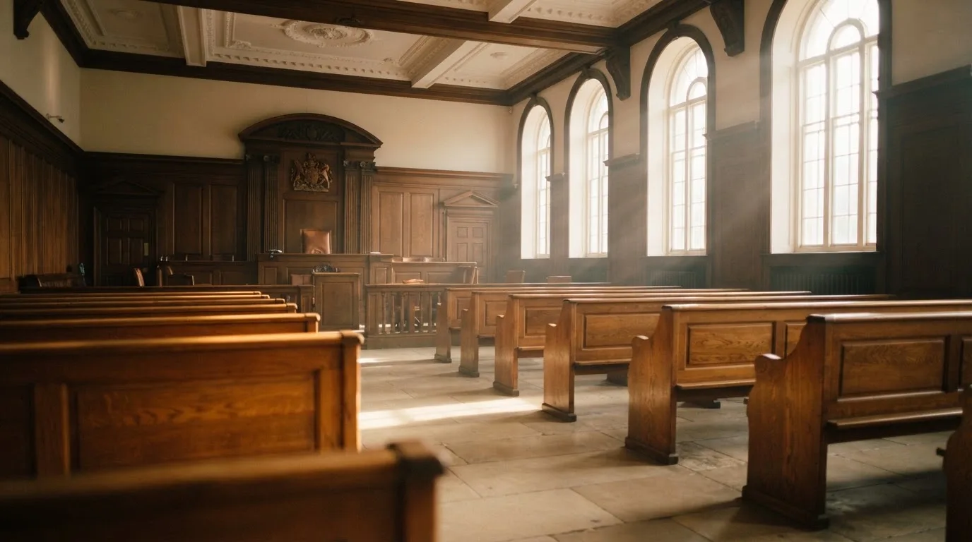 Een lege rechtszaal met houten banken in het ochtendlicht