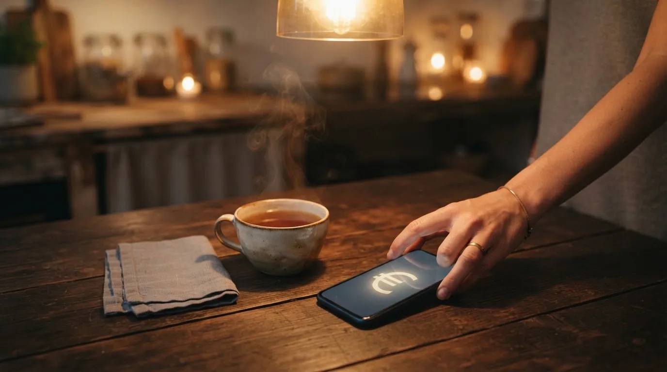 Een hand legt een smartphone naast een kopje thee op een keukentafel, een rustige avond