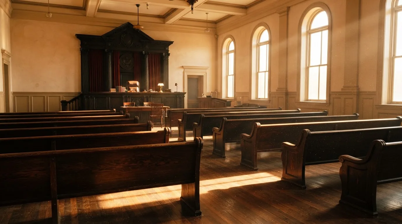Een lege rechtszaal met houten banken in het ochtendlicht