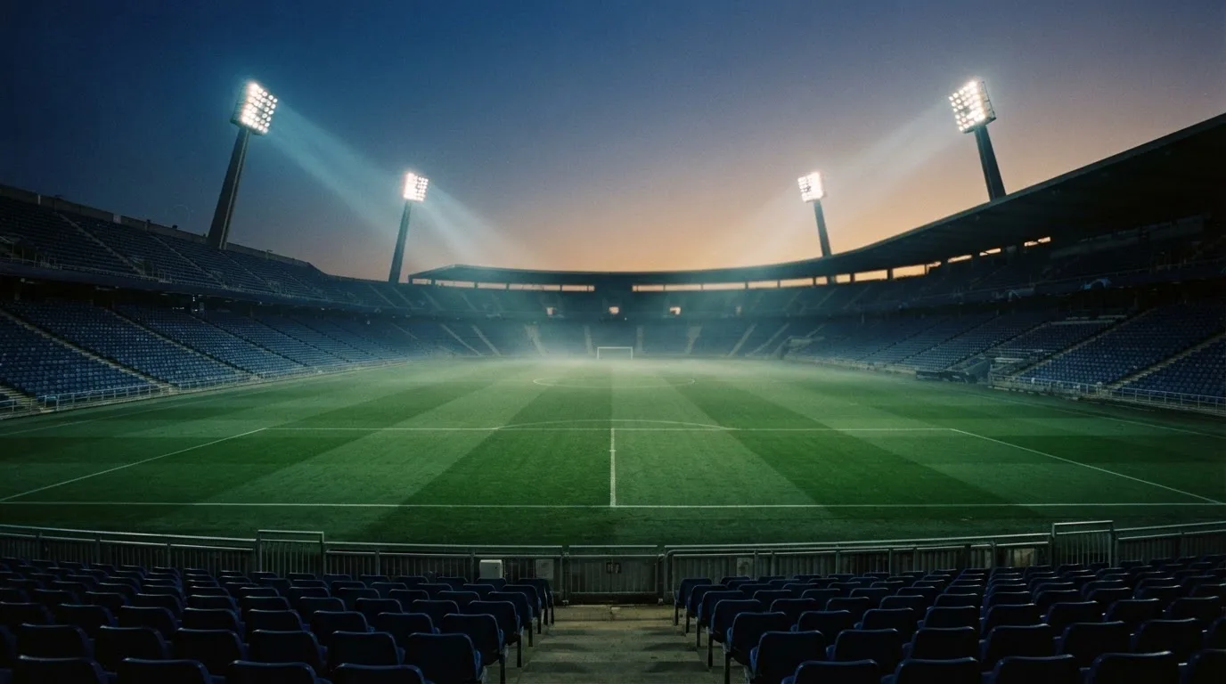 Een leeg voetbalstadion met lichtmasten bij schemering
