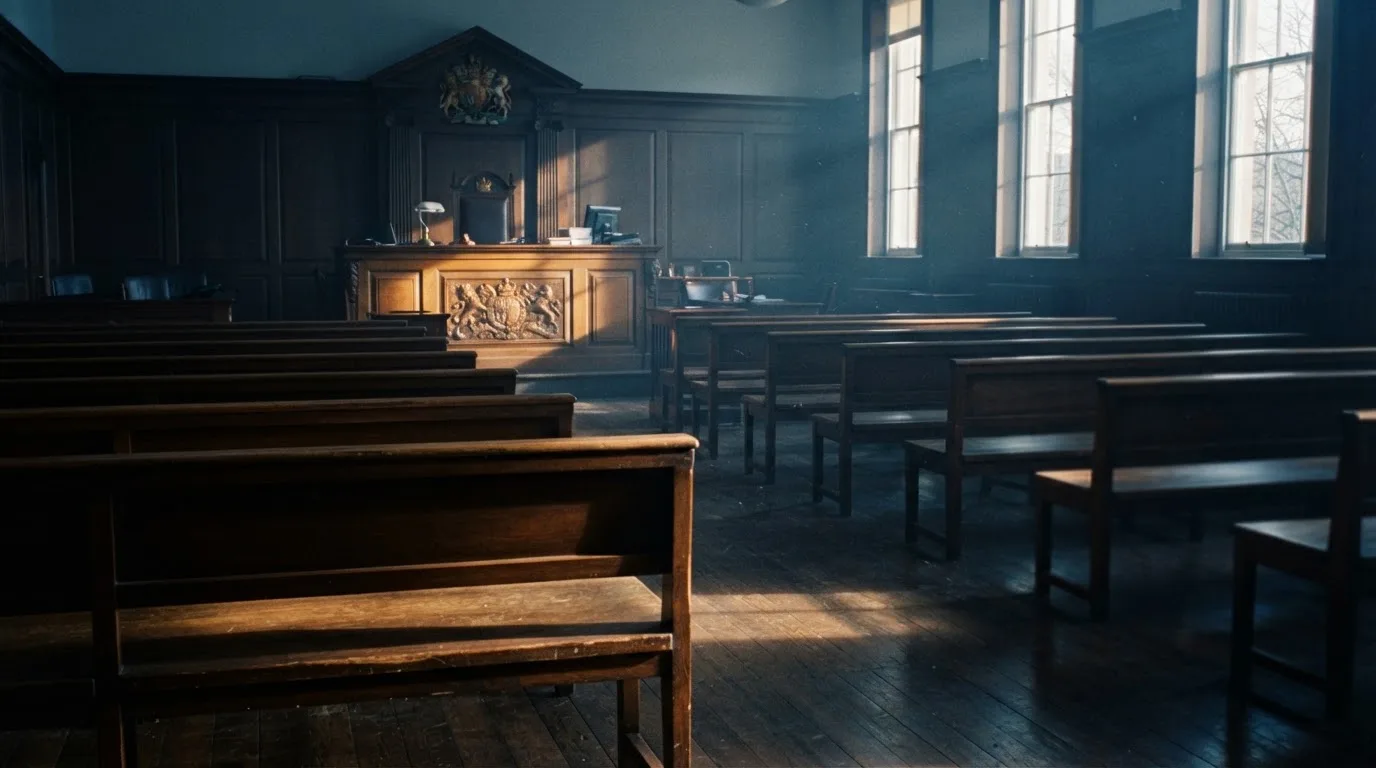 Een lege rechtszaal met houten banken in het ochtendlicht