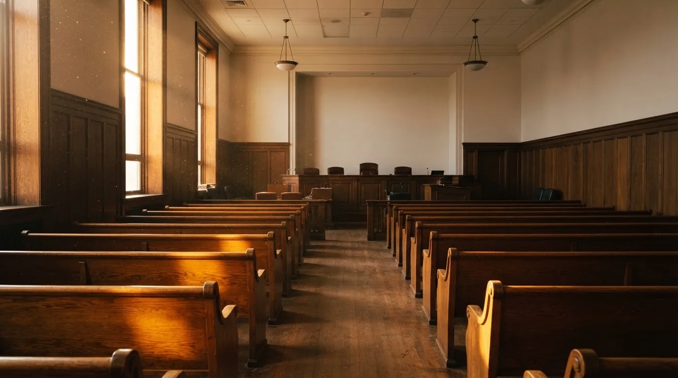 Een lege rechtszaal met houten banken in het ochtendlicht