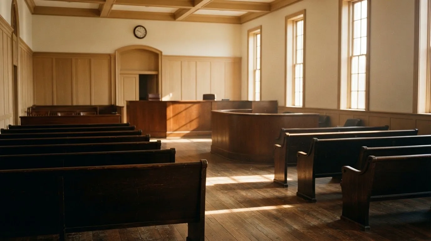 Een lege rechtszaal met houten banken in het ochtendlicht