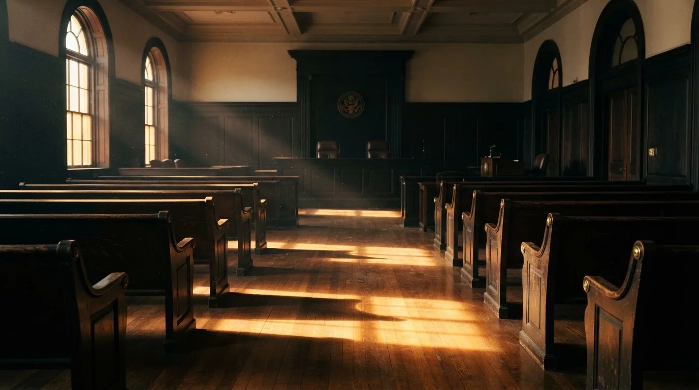 Een lege rechtszaal met houten banken in het ochtendlicht