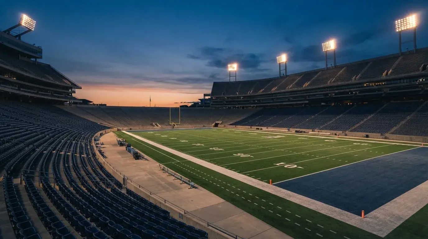 Een leeg voetbalstadion met lichtmasten bij schemering