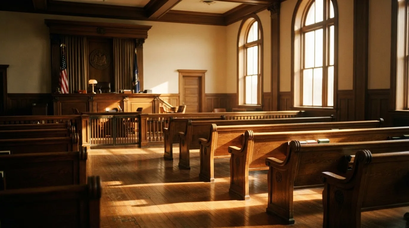 Een lege rechtszaal met houten banken in het ochtendlicht