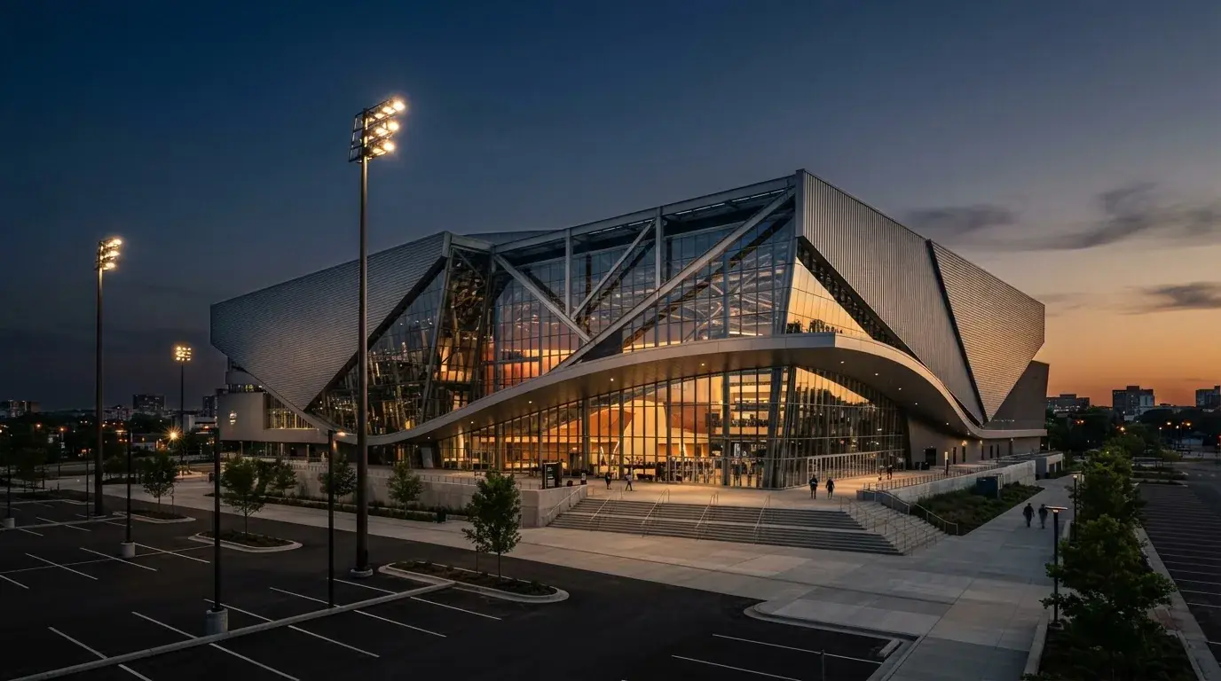 Een leeg voetbalstadion met lichtmasten bij schemering