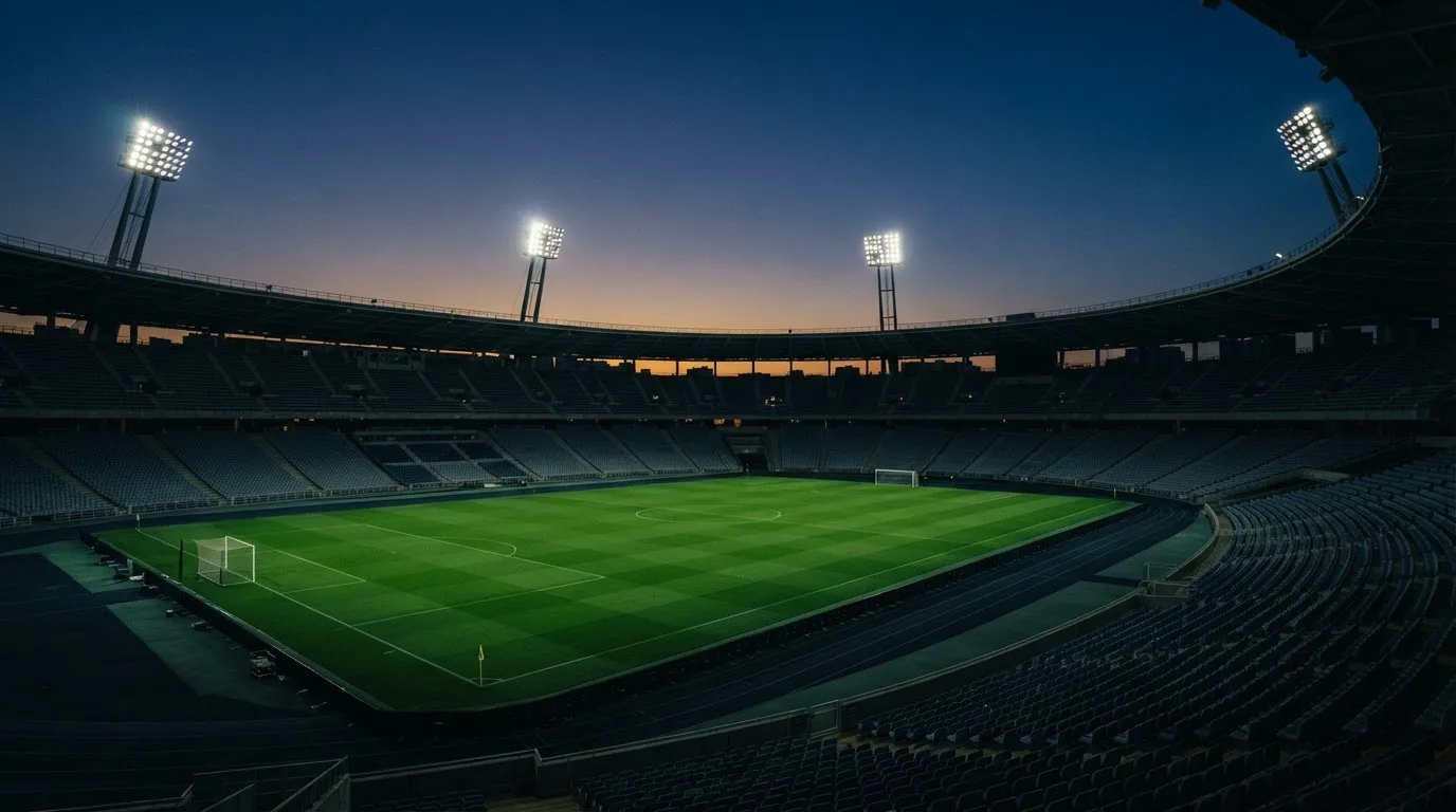 Een leeg voetbalstadion met lichtmasten bij schemering