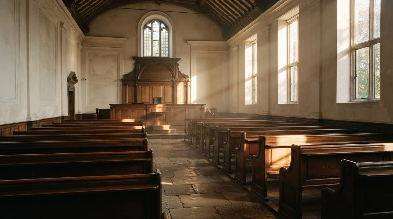 Een lege rechtszaal met houten banken in het ochtendlicht