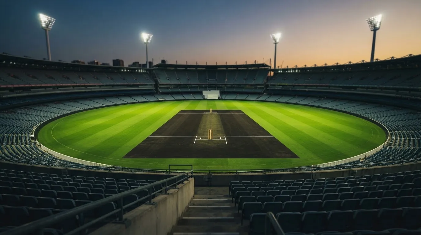 Een leeg voetbalstadion met lichtmasten bij schemering
