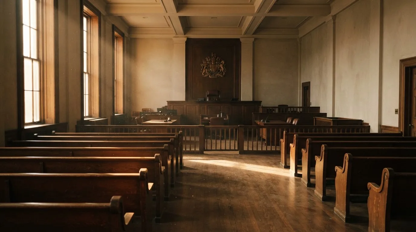 Een lege rechtszaal met houten banken in het ochtendlicht