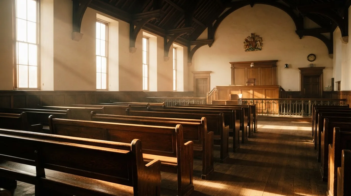 Een lege rechtszaal met houten banken in het ochtendlicht