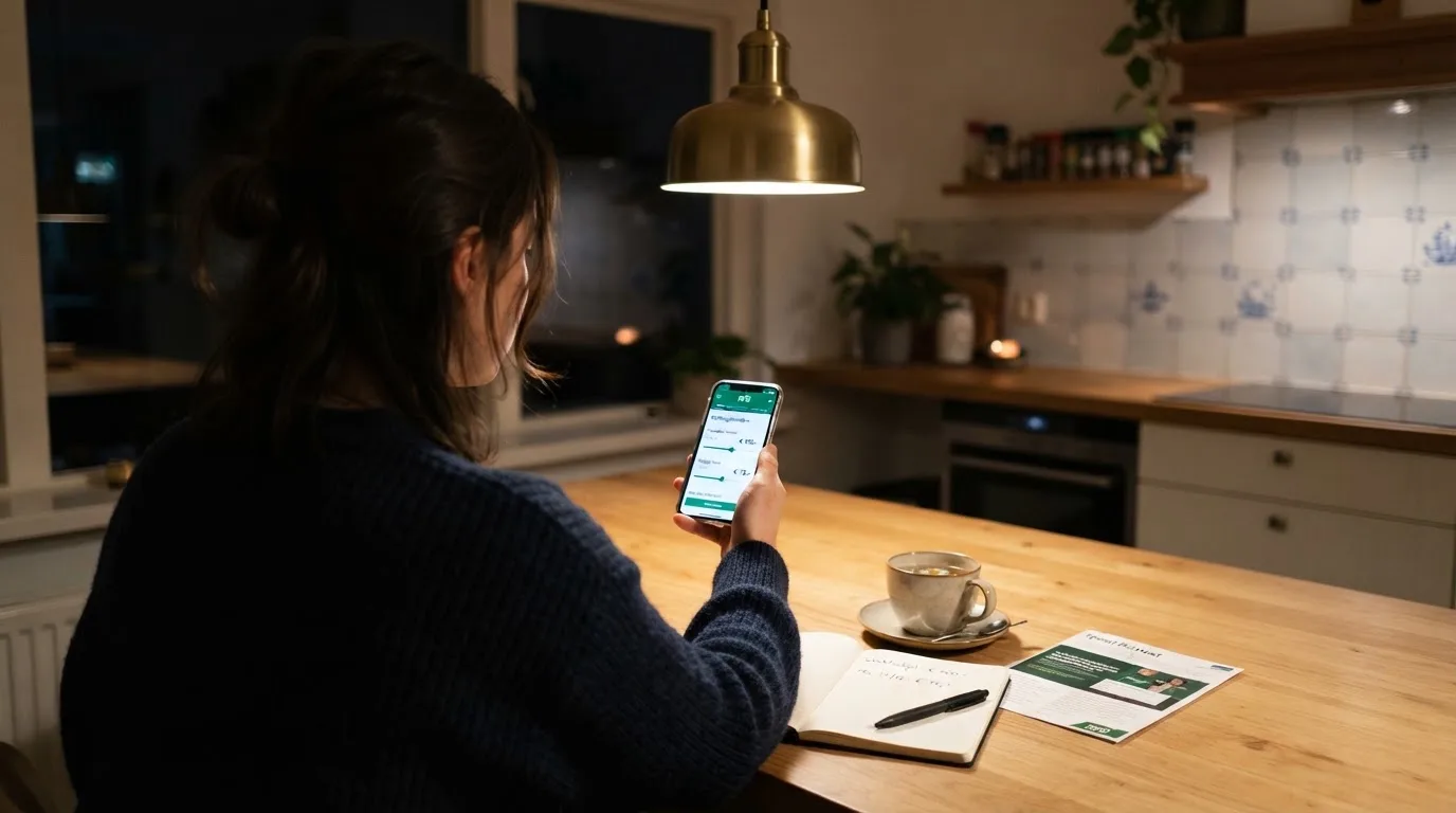 Een hand legt een smartphone naast een kopje thee op een keukentafel, een rustige avond